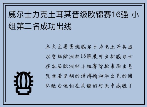 威尔士力克土耳其晋级欧锦赛16强 小组第二名成功出线