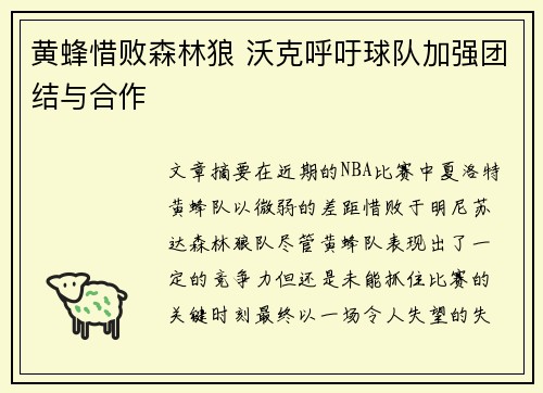 黄蜂惜败森林狼 沃克呼吁球队加强团结与合作