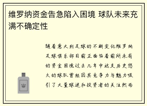 维罗纳资金告急陷入困境 球队未来充满不确定性
