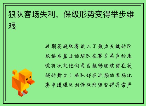狼队客场失利，保级形势变得举步维艰