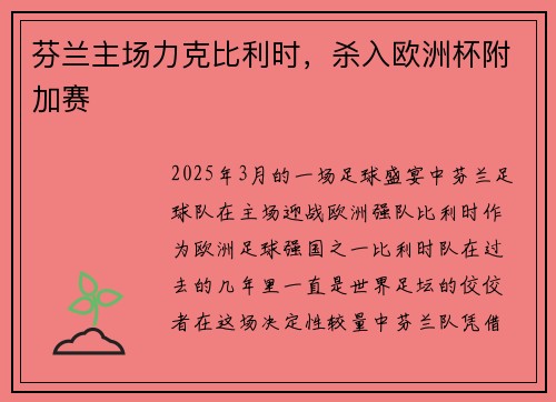 芬兰主场力克比利时，杀入欧洲杯附加赛