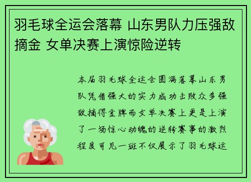 羽毛球全运会落幕 山东男队力压强敌摘金 女单决赛上演惊险逆转